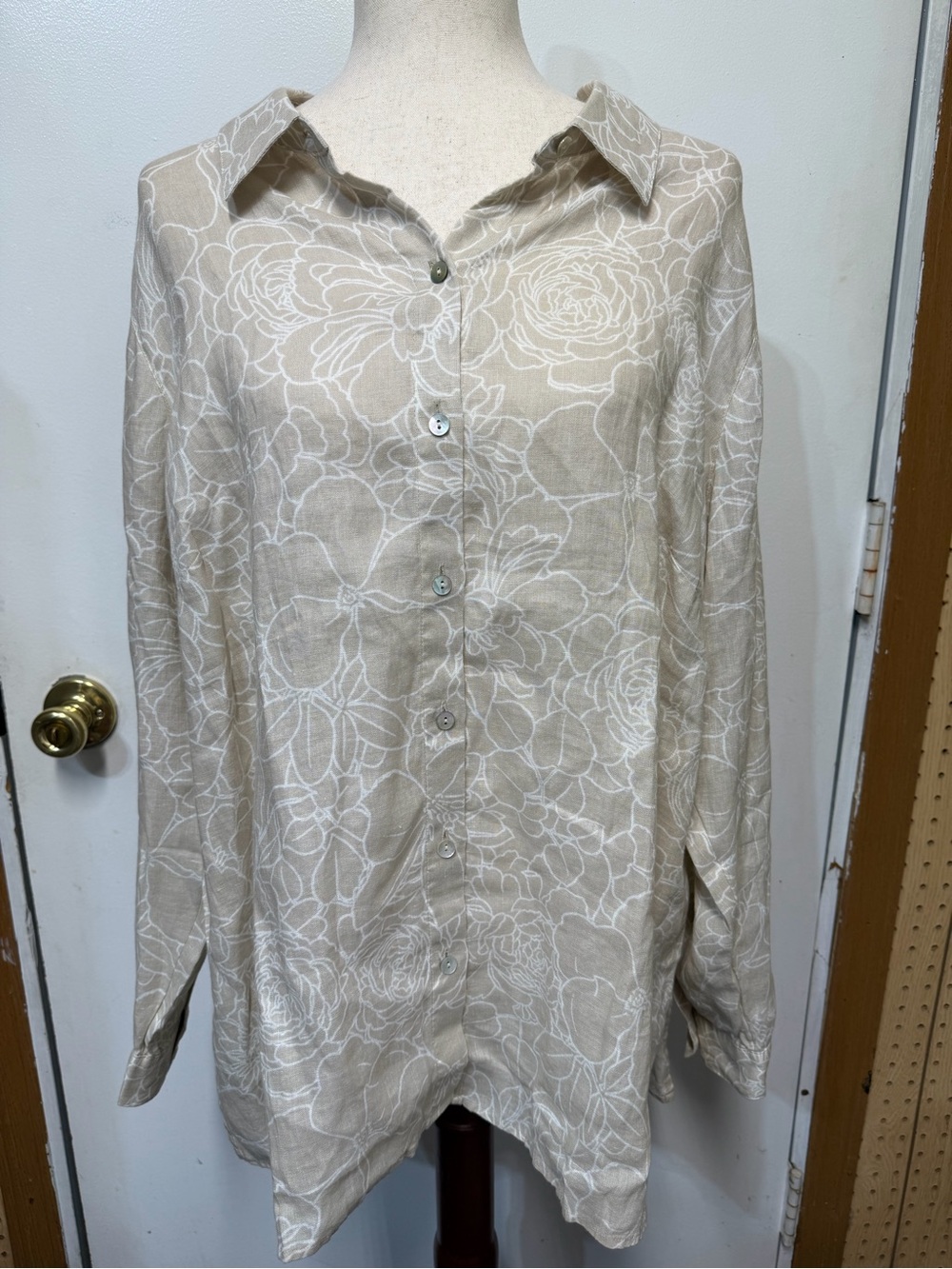 J.Jill Love Linen Refreshing Floral Button Down Shirt Plus Size 2X Beige White